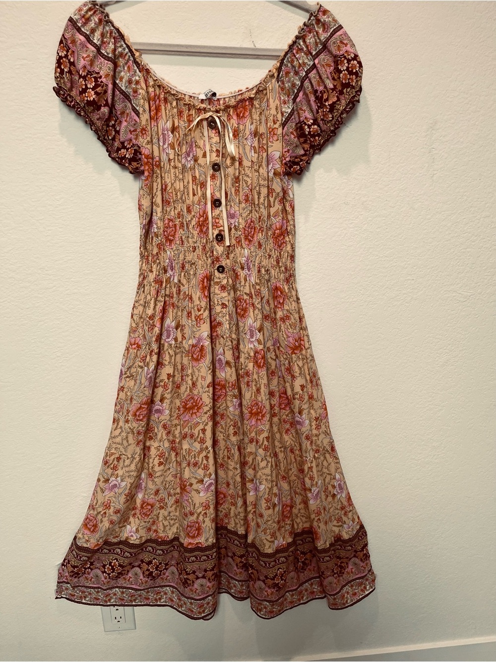Ostoo Floral Cream and Pink  Off The Shoulder Feminine Cottagecore Dress